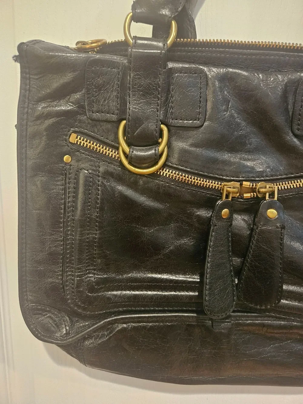 Classic Black Leather Satchel with Gold Hardware